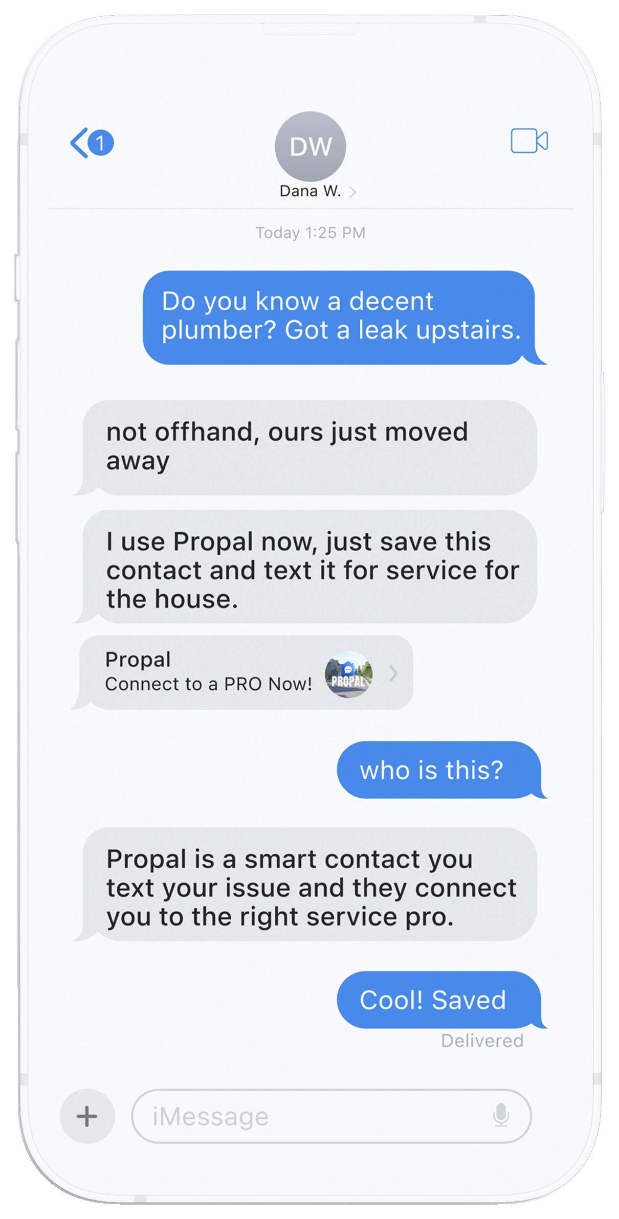 A neighbor recommends ProPal in a text thread.